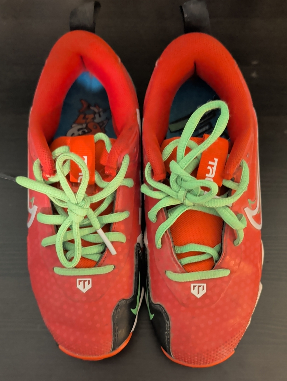 Kids Red Nike Baseball Sneakers with Green Laces